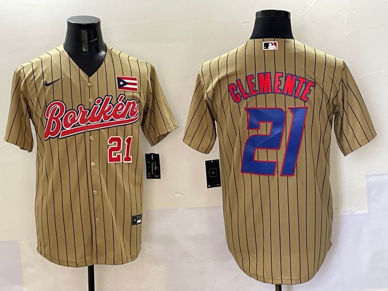 Men Puerto Rico #21 Clemente Brown Stripe Joint Name 2025 Nike MLB Jersey style 4